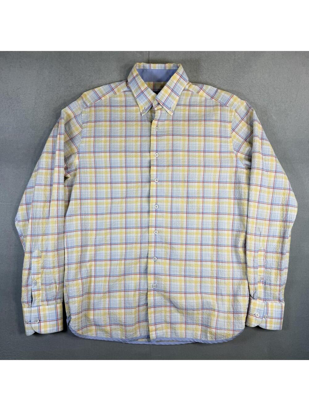 Hammer Made Seersucker Shirt Mens Medium-Large/16 Blue Yellow Plaid Summer